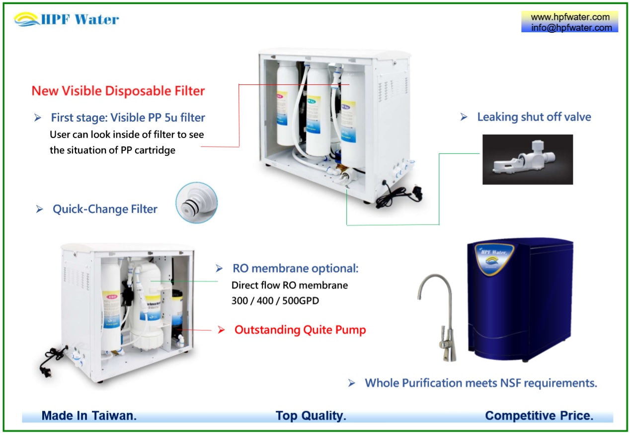 Direct Flow Big Flow RO appliance 500GPD with Quick-change filter meets NSF requirements made in Taiwan.